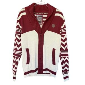 Born Fly Sweater Mens Large Red Cream Shawl Collar Button Cardigan Elbow Patch